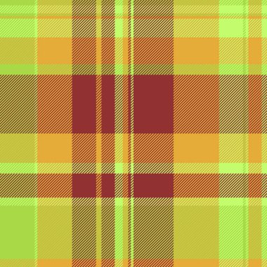 Masa örtüsü dokusu vektörü pürüzsüz, doğa tekstil kumaş arka planı. Uk desenli tartan yeşil ve kehribar renk paleti ile ekoseyi kontrol et.