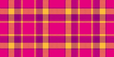 Dikiş geçmişi tekstil deseni, panço deseni tartan kontrolü. Kartpostal, Meksika pembesi ve kehribar renk paletinde kusursuz vektör kumaş ekoseli..