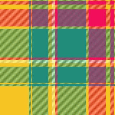 Eski püskü ekose kontrol vektörü, çatı katı desenli kumaş tartan. Kıyafet arkaplanı, sarı ve gök mavisi renk paleti ile dikdörtgen desen.