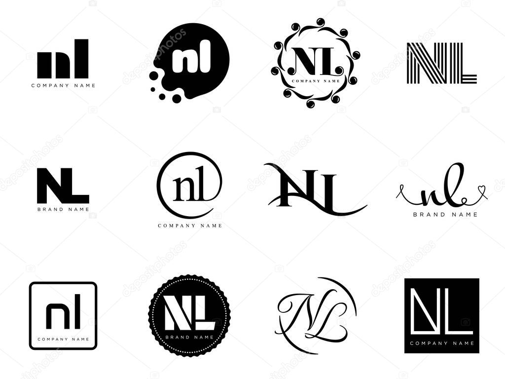 NL logo company template. Letter n and l logotype. Set different classic serif lettering and modern bold text with design elements. Initial font typography.