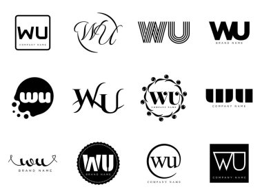 WU logo şirketi şablonu. Mektup W ve senin logotin. Tasarım elemanları ile farklı klasik serif harfleri ve modern kalın metin ayarla. İlk yazı tipi tipografisi.