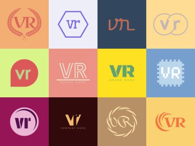 VR logo şirketi şablonu. V ve R harfi logoti. Tasarım elemanları ile farklı klasik serif harfleri ve modern kalın metin ayarla. İlk yazı tipi tipografisi.