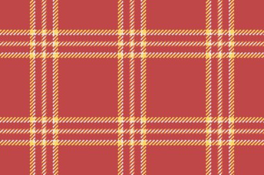 Piknik vektörü tartan tekstil, kalıp kumaş kontrolü. Yastık arkaplan ekose deseni, kırmızı ve sarı renk paletinde pürüzsüz..