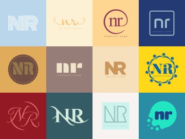 NR logo şirketi şablonu. Harf n ve r logoti. Tasarım elemanları ile farklı klasik serif harfleri ve modern kalın metin ayarla. İlk yazı tipi tipografisi.