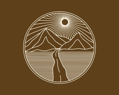 Doğa ve seyahat çizgisi, açık hava rozeti ya da amblemi. Yuvarlak bohem logosu tasarımı. Moda minimalist çizgi sanatı tarzında modern bir sembol. Giysi baskıları, posterler, damgalama için mükemmel..