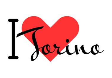 Torino 'yu seviyorum, İtalya' yı. Kırmızı kalpli el yazısıyla yazılmış mektuplar. Vektör illüstrasyonu, modern tasarım