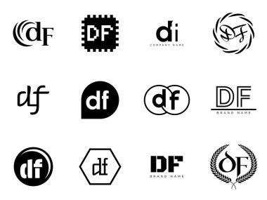 DF logo şirketi şablonu. D harfi ve Flogotype. Tasarım elemanları ile farklı klasik serif harfleri ve modern kalın metin ayarla. İlk yazı tipi tipografisi.