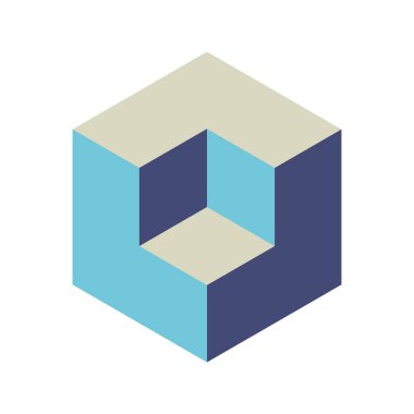 Küp logosu, geometrik vektör tasarımı. Kutu logoti şirketi, izometrik 3 boyutlu teknoloji amblemi.