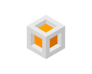 Küp logosu, geometrik vektör tasarımı. Kutu logoti şirketi, piksel biçiminde moda teknoloji amblemi.