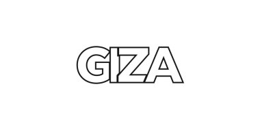 Mısır ambleminde baskı ve ağ için giza. Tasarım, modern yazı tipinde cesur tipografiye sahip geometrik stil, vektör illüstrasyonuna sahiptir. Beyaz arkaplanda izole edilmiş grafiksel slogan harfleri.