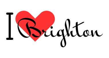 Brighton 'ı seviyorum, Birleşik Krallık' ı. Kırmızı kalpli el yazısıyla yazılmış mektuplar. Vektör illüstrasyonu, modern tasarım