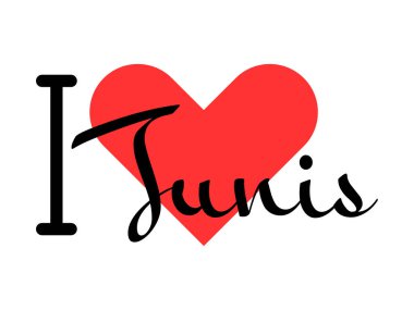 Tunus 'u seviyorum, Tunus' u. Kırmızı kalpli el yazısıyla yazılmış mektuplar. Vektör illüstrasyonu, modern tasarım