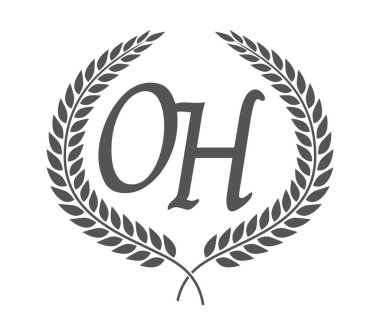 İlk harf O ve H, defne çelenkli OH monogram logo tasarımı. Kaligrafi yazı tipli lüks amblem.