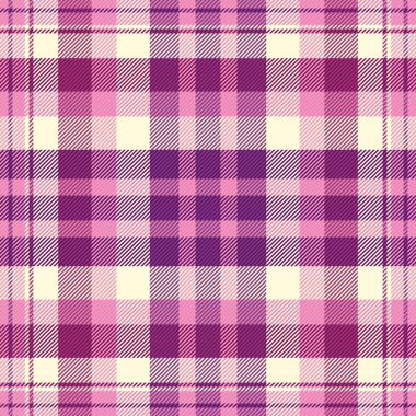 Düz desenli tartan vektör, ikonik dikişsiz desenli ekose. Pembe ve mor renk paletinde tekstil arkaplan dokusunu kontrol et.