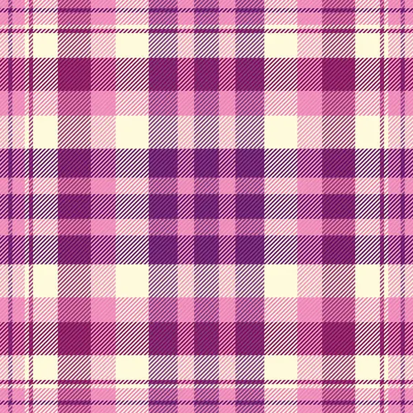 Düz desenli tartan vektör, ikonik dikişsiz desenli ekose. Pembe ve mor renk paletinde tekstil arkaplan dokusunu kontrol et.