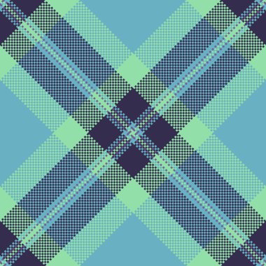 Tekstil desenli tartan ve kumaş taraması yapın. Cyan ve indigo renk paletinde ekose desenli vektör.