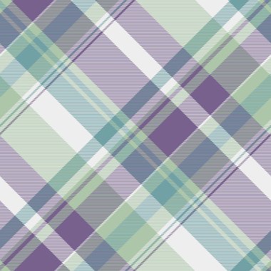Üretim kontrolü ekose tekstil, dekoratif kumaş arka plan tartanı. Beyaz ve mor renk paletinde şenlikli kumaş kusursuz vektör deseni.
