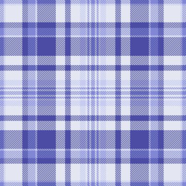 Ürkütücü arka plan tekstil dikişsiz, doku dokusu deseni yerleştirilmiş. Mavi ve beyaz renk paletinde ev ekoseli kontrol vektörü tartan.