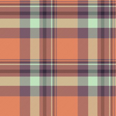 Turuncu ve pastel renklerde ekose tekstil geçmişi olan vektör desenli tartan dikişsiz kumaş..