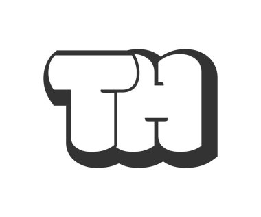 Th logosu, balon komedi harfleri, graffiti stili siyah beyaz siluet şeklinde yuvarlak. Festival partisi için moda anaokulu T ve H harfi metni, kişisel baş harfler, çocuklar için funky prinky ve web.