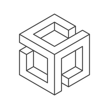 Küp logosu, geometrik vektör tasarımı. Tek renkli kutu logoti şirketi, izometrik çizgi biçiminde moda teknoloji amblemi.