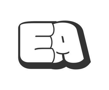 EA logosu, karikatür harfleri, graffiti stili siyah beyaz siluet şeklinde yuvarlak. Güncel anaokulu E ve festival partisi için bir mektup, baş harfler, çocuklar için funky prinky ve web.