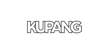 Kupang Endonezya ambleminde baskı ve ağ için. Tasarım, modern yazı tipinde cesur tipografiye sahip geometrik stil, vektör illüstrasyonuna sahiptir. Beyaz arkaplanda izole edilmiş grafiksel slogan harfleri.