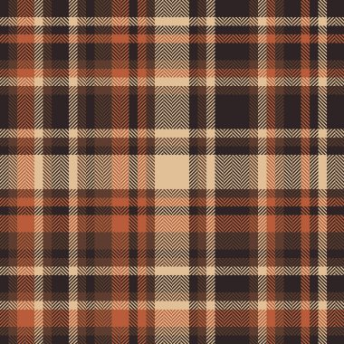Vogue desenli tekstil arka planı, Kanadalı ekose kumaş. Turuncu ve koyu renk paletinde temel kumaş pürüzsüz vektör deseni.