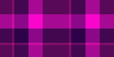 Ton dokusu kontrol vektörü, mozaik tekstil tartan deseni. Eflatun ve koyu renk paletinde arkaplansız kumaş ekoseli selamlama.