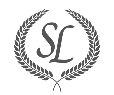 S ve L harfleri, defne çelenkli SL monogram logo tasarımı. Kaligrafi yazı tipli lüks amblem.