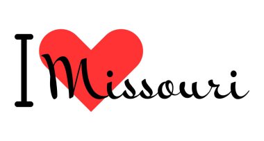 I love Missouri state of the United States of America. Hand drawn letters with red heart. USA regions vector illustration, lettering in modern design clipart