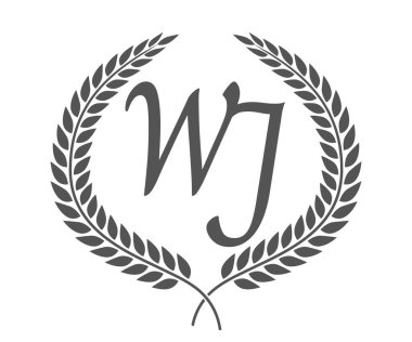 İlk harf W ve J, WJ monogram logo tasarımı defne çelengi. Kaligrafi yazı tipli lüks amblem.