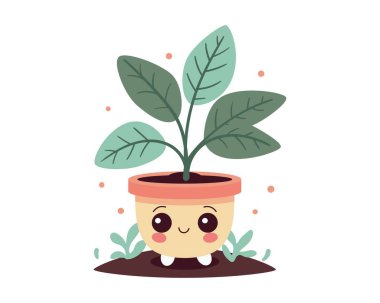 Şirin ev bitkisi vektör sanatı. Kawaii çiçek saksısında bitkiyle karşılaşıyor. Yazdırma veya web simgesi için çizgi film biçimi.