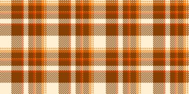 Idyllic dikişsiz tartan kumaş, mevsimlik tekstil dokusu vektörü. Bebek desenli ekoseli arka plan turuncu ve badem rengi paleti ile kontrol et.