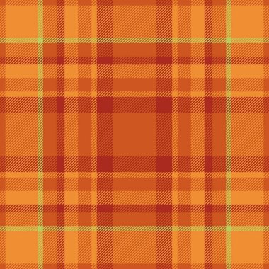 Rahat ekose tartan arka plan, avcı tekstil vektör deseni. Turuncu ve kırmızı renk paleti ile pürüzsüz kumaş denetimi.