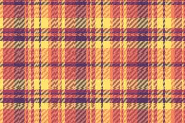 Arındırma vektör dokusunu kontrol et, neşeli, pürüzsüz tekstil arka planı. Kırmızı ve sarı renk paletinde çapraz ekose kumaş deseni.