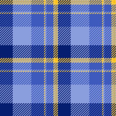 Soyut desenli tekstil vektörü, oryantal kontrol arka plan kumaşı. Mavi ve kehribar rengi palette dünya çapında desenli ekosesiz tartan.