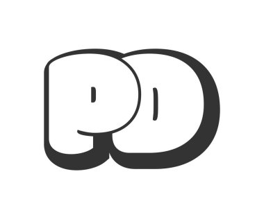 Polis logosu, balon komedi harfleri, graffiti tarzı siyah beyaz siluet. Festival partisi için modaya uygun P ve D harfi metni, kişisel baş harfler, çocuklar için funky prinky ve web.