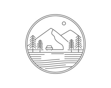 Doğa ve seyahat çizgisi, açık hava rozeti ya da amblemi. Yuvarlak bohem logosu tasarımı. Moda minimalist çizgi sanatı tarzında modern bir sembol. Giysi baskıları, posterler, damgalama için mükemmel..