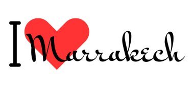 Fas şehri Marakeş 'i seviyorum. Kırmızı kalpli el yazısıyla yazılmış mektuplar. Vektör illüstrasyonu, modern tasarım