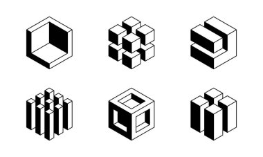 Siyah ve beyaz küp logosu, geometrik vektör tasarımı. Kutu logoti şirketi, izometrik 3 boyutlu teknoloji amblemi.