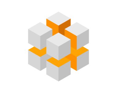 Küp logosu, geometrik vektör tasarımı. Kutu logoti şirketi, piksel biçiminde moda teknoloji amblemi.