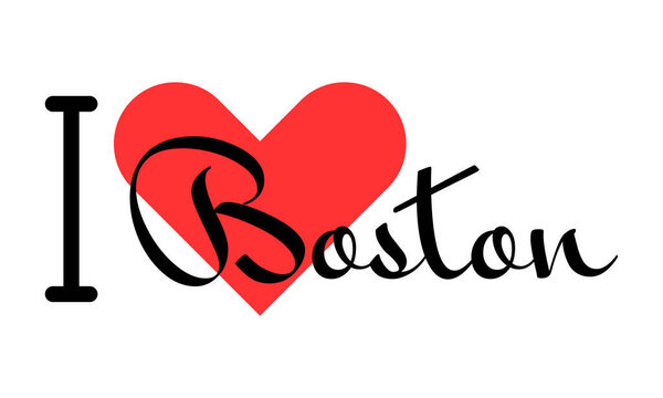 I love Boston, city of United States. Hand drawn letters with red heart. Vector illustration lettering, modern design