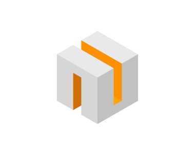 Küp logosu, geometrik vektör tasarımı. Kutu logoti şirketi, piksel biçiminde moda teknoloji amblemi.