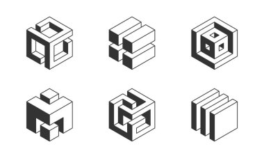Siyah ve beyaz küp logosu, geometrik vektör tasarımı. Kutu logoti şirketi, izometrik 3 boyutlu teknoloji amblemi.