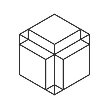 Küp logosu, geometrik vektör tasarımı. Tek renkli kutu logoti şirketi, izometrik çizgi biçiminde moda teknoloji amblemi.