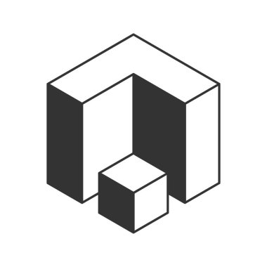 Küp logosu, geometrik vektör tasarımı. Siyah ve beyaz kutu logotip şirketi, izometrik 3 boyutlu teknoloji amblemi..