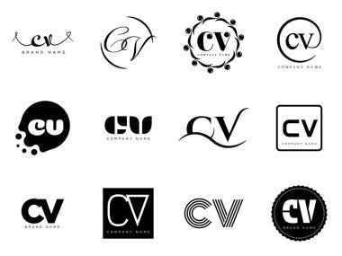 CV logo şirketi şablonu. C harfi ve V logosu. Tasarım elemanları ile farklı klasik serif harfleri ve modern kalın metin ayarla. İlk yazı tipi tipografisi.
