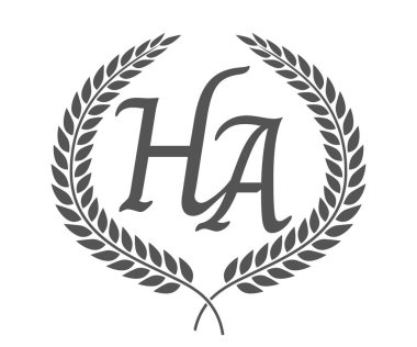 İlk harf H ve A, defne çelenkli HA monogram logo tasarımı. Kaligrafi yazı tipli lüks amblem.