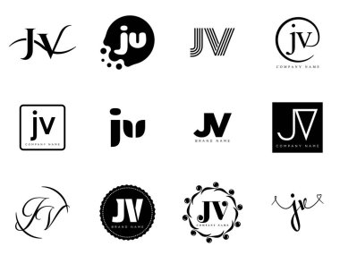 JV logo şirketi şablonu. J harfi ve V logosu. Tasarım elemanları ile farklı klasik serif harfleri ve modern kalın metin ayarla. İlk yazı tipi tipografisi.